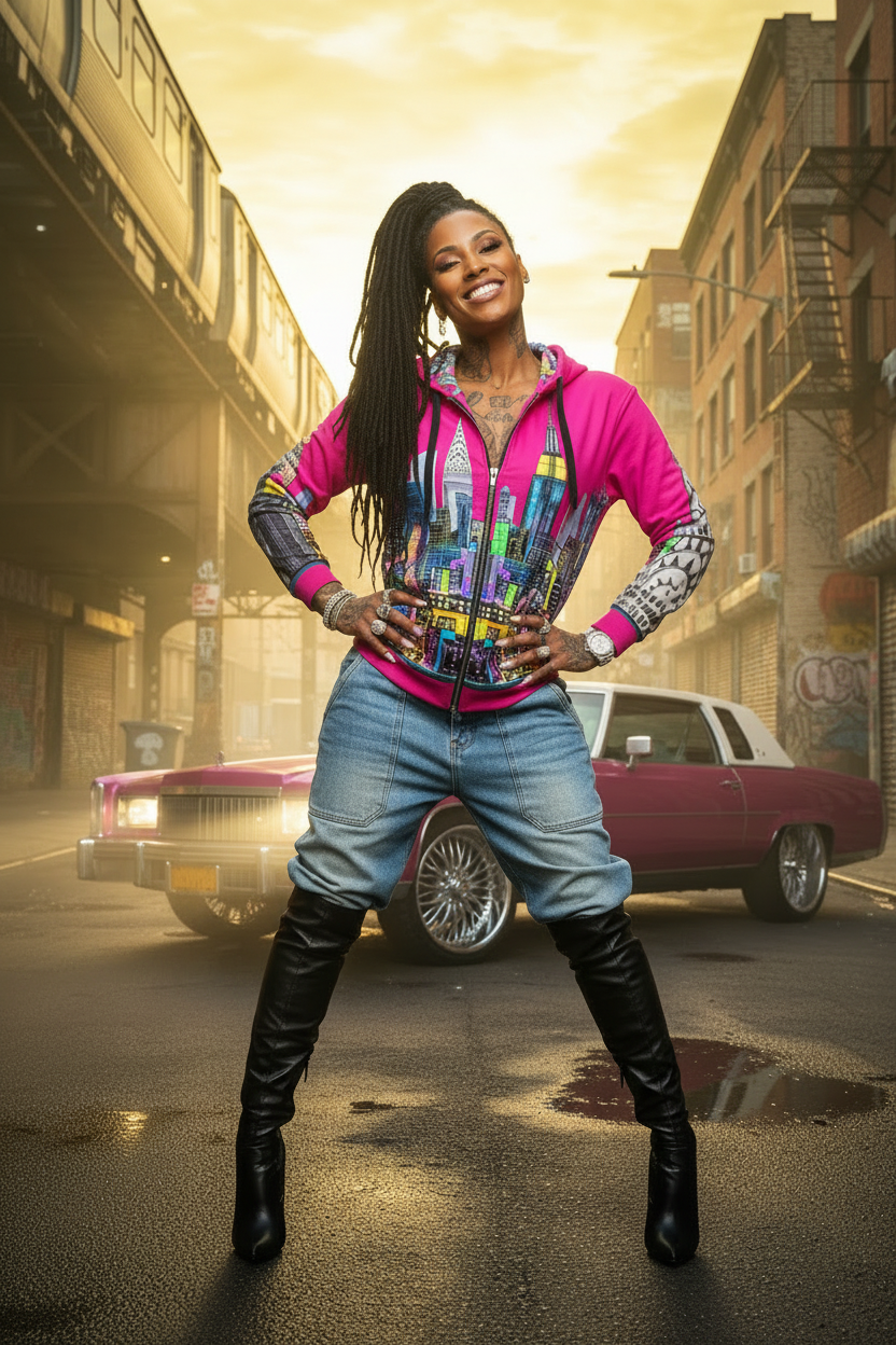 Person wearing a colorful Loria NYC Art jacket and jeans standing on a city street with vintage cars.