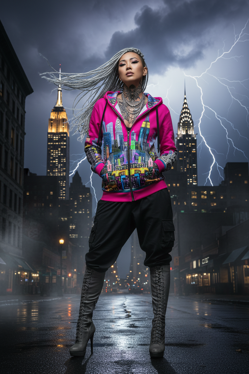 Person in colorful outfit with Loria NYC Art cityscape and lightning in background