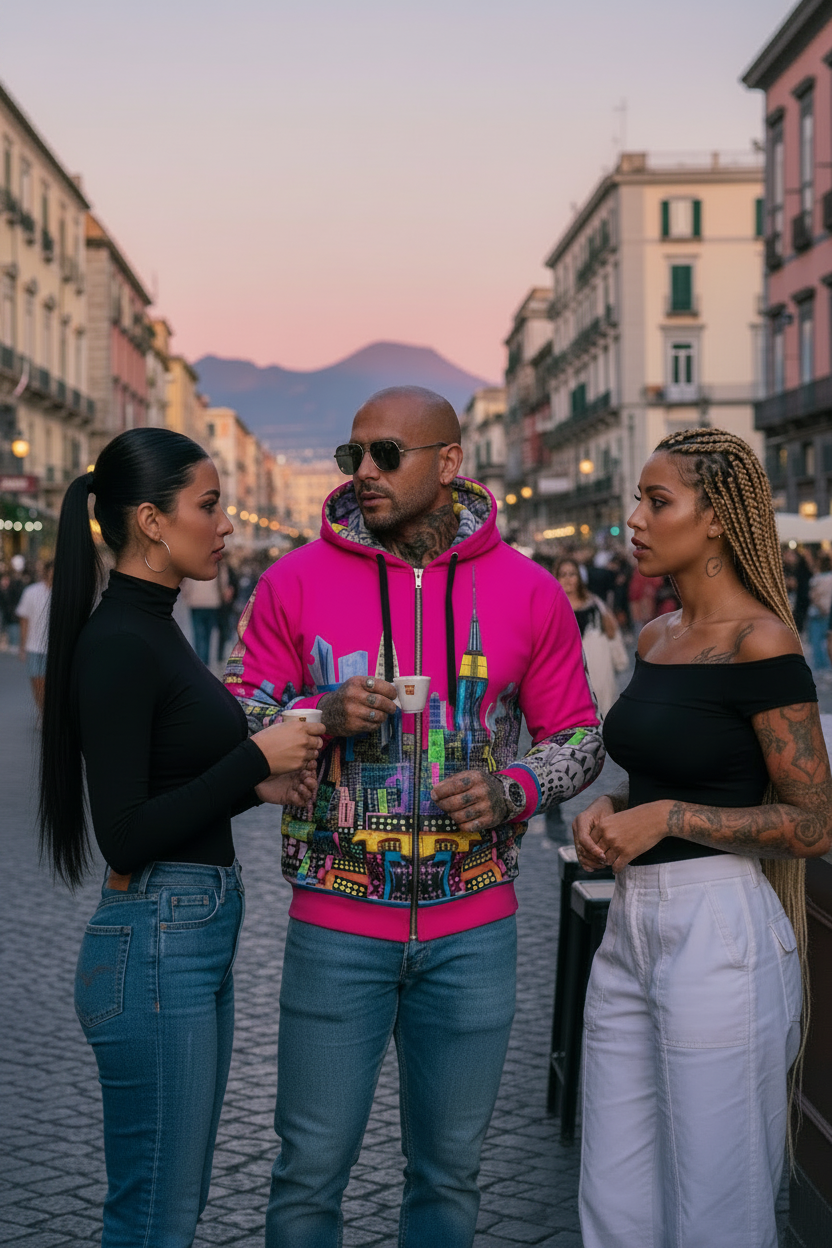Man wearing a vivid Loria NYC Art hoodie standing on a street with others and mountains in the background