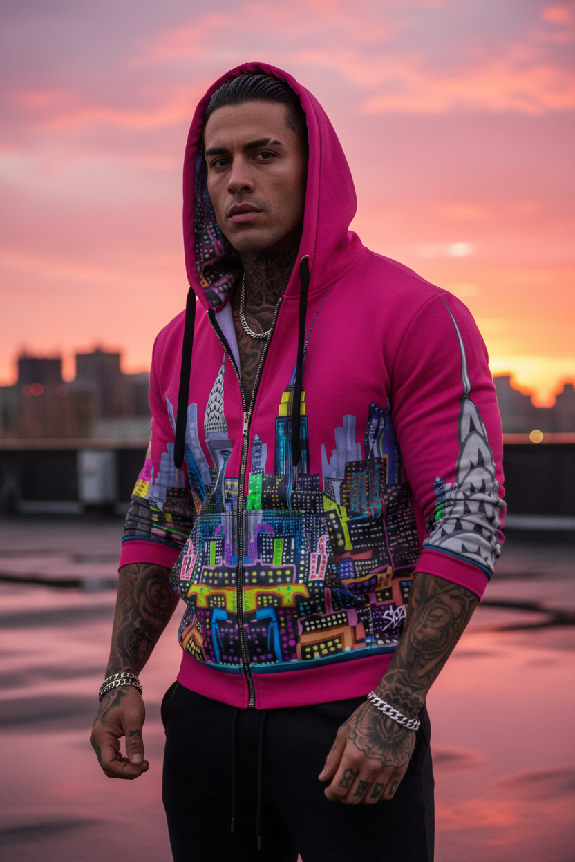 Person wearing a colorful hoodie with a cityscape Loria NYC Art design against a sunset sky.