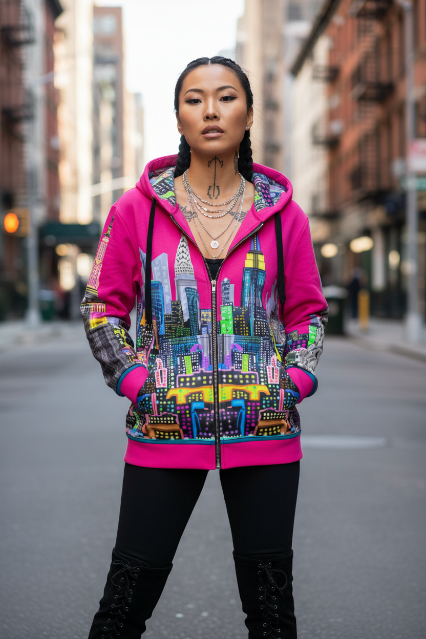 Person wearing a colorful hoodie with a cityscape Loria NYC Art design on a city street.