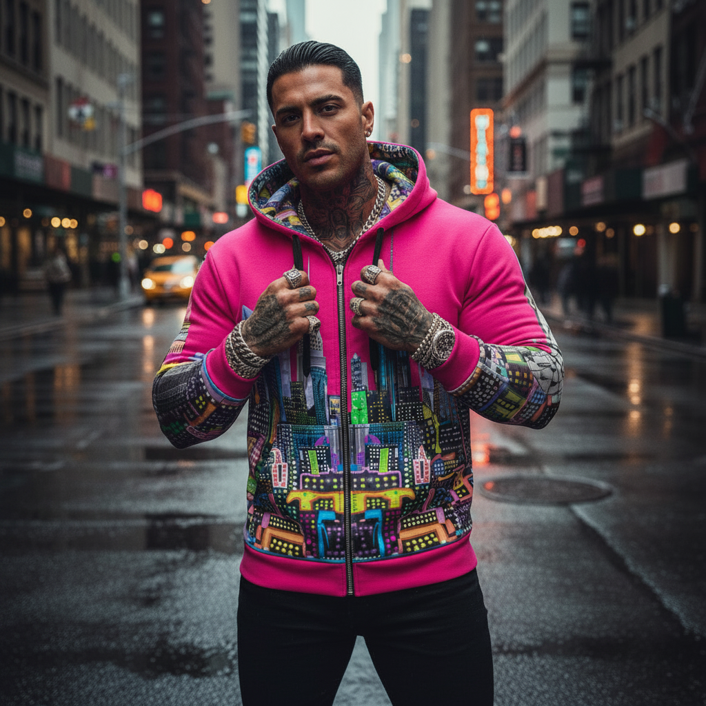 Man wearing a colorful Loria NYC Art hoodie with a cityscape pattern on a city street.