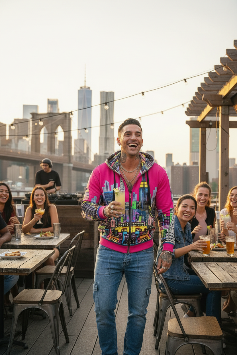 Man in colorful Loria NYC Art jacket standing on a rooftop with city skyline in the background