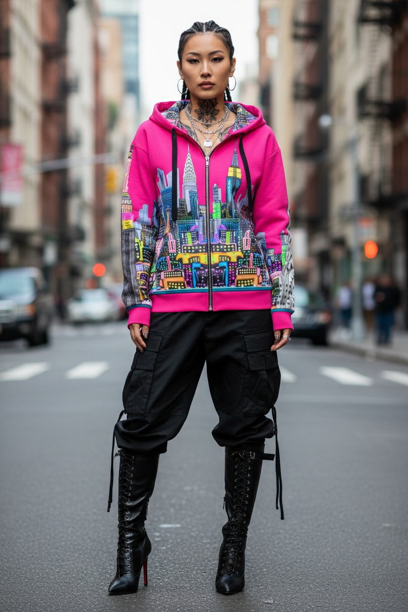 Person wearing a colorful Loria NYC Art hoodie and black pants on a city street.