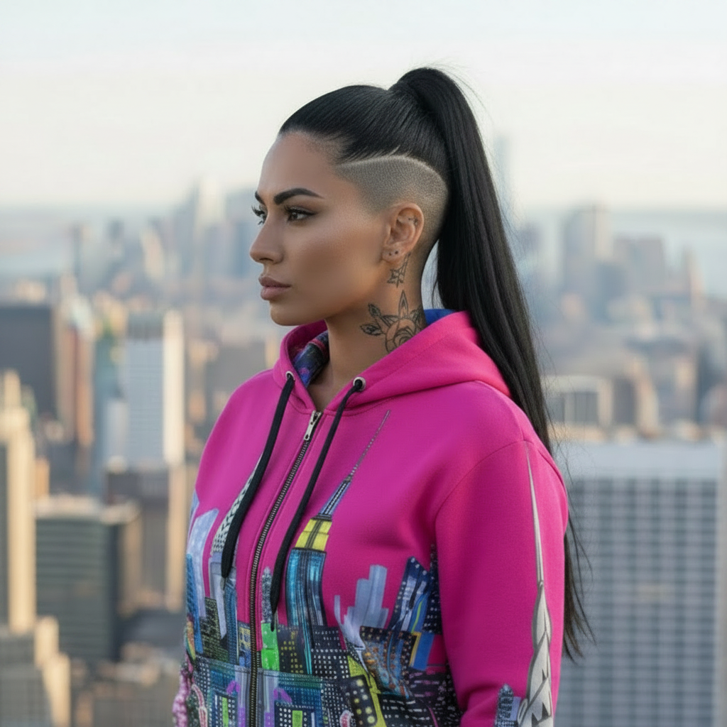 Person wearing a colorful Loria NYC Art jacket with a cityscape in the background