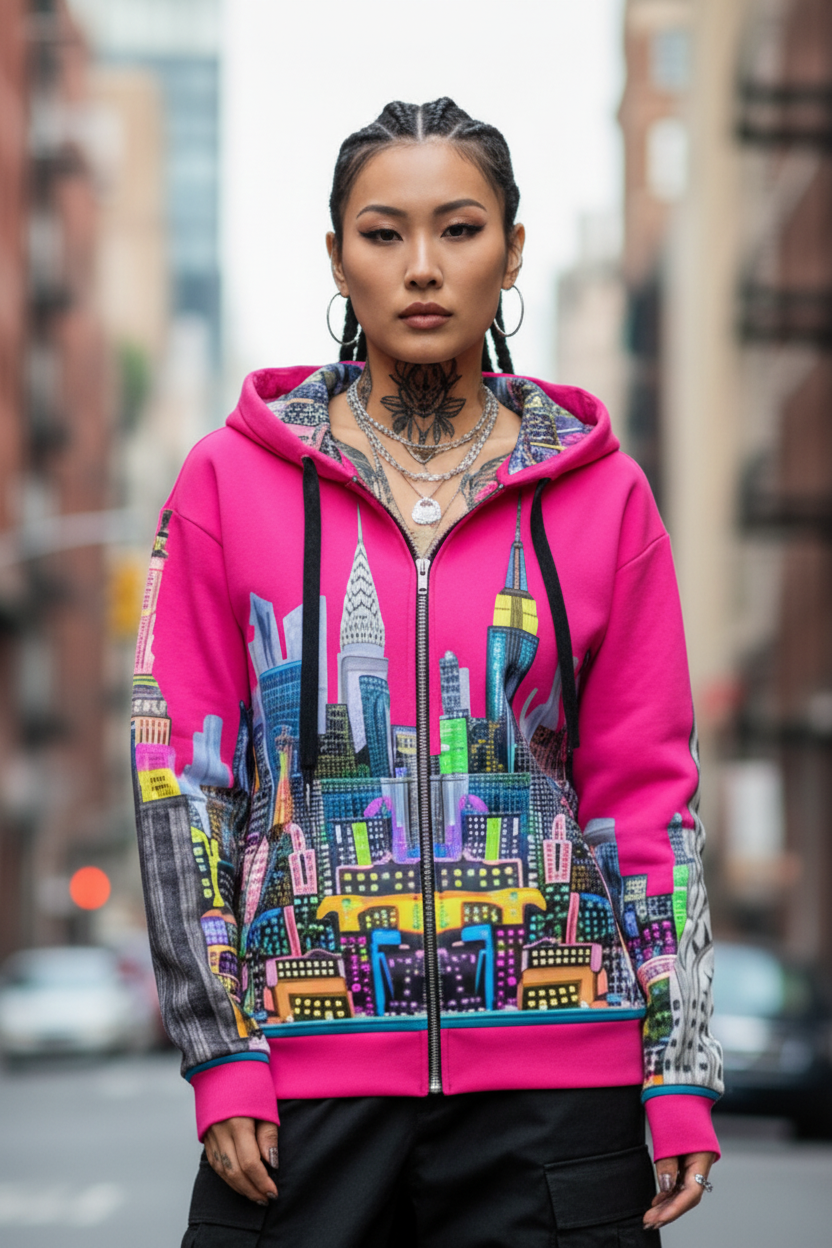 Person wearing a bright pink hoodie with colorful cityscape Loria NYC Art design in an urban setting