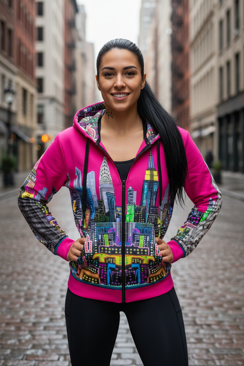 Woman wearing a colorful cityscape Loria NYC Art hoodie on a city street