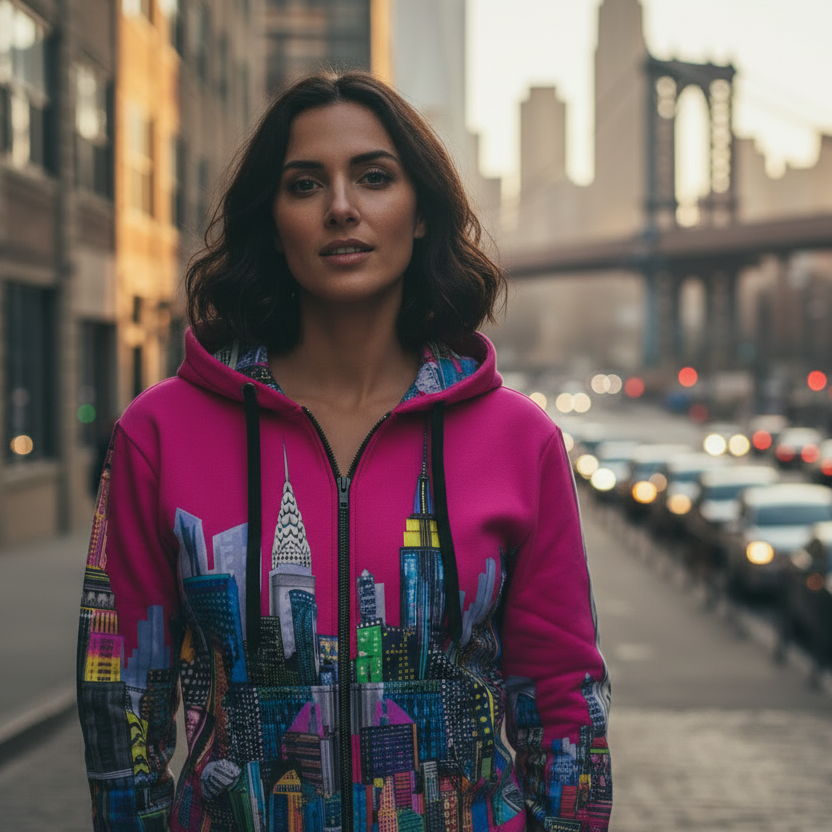 Woman wearing a pink hoodie with cityscape Loria NYC Art design on a city street