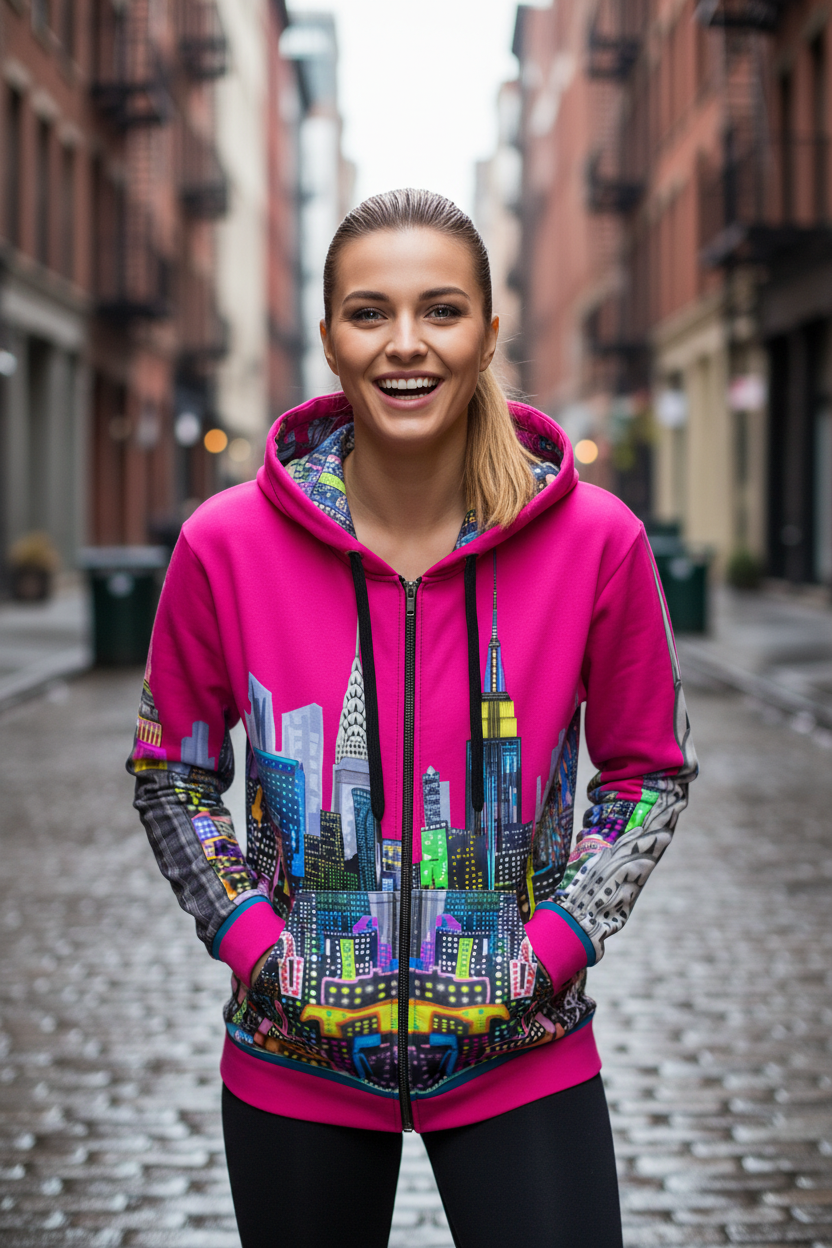 Woman wearing a Loria NYC Art colorful cityscape hoodie on a street.
