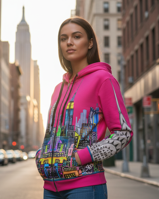 Woman wearing a colorful hoodie with cityscape Loria NYC Art design on a city street