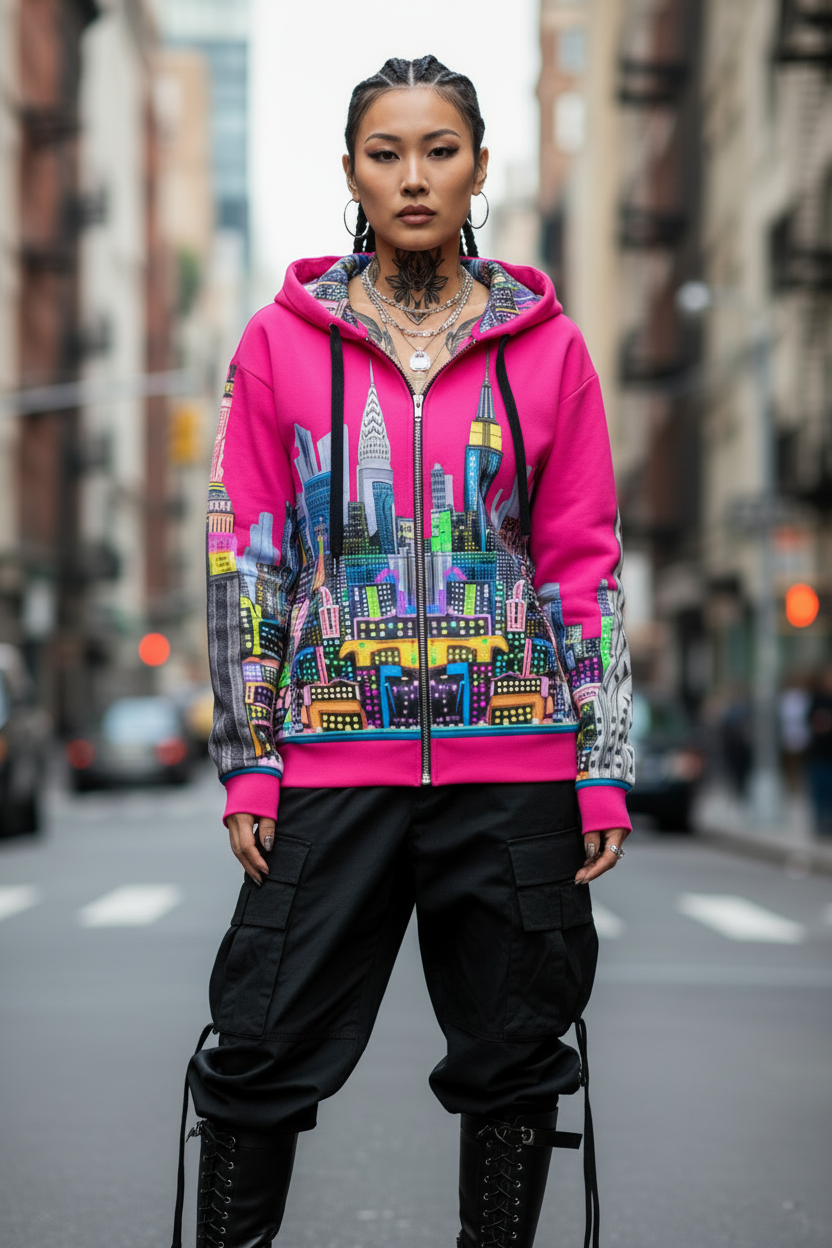Person wearing a colorful Loria NYC Art cityscape hoodie and black pants on a city street.