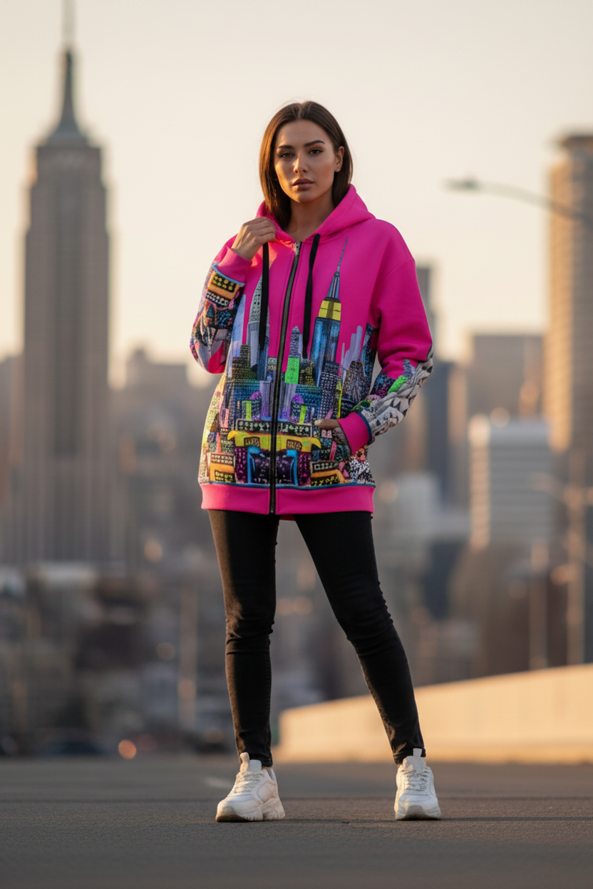 Person wearing a colorful Loria NYC Art hoodie with a city skyline in the background