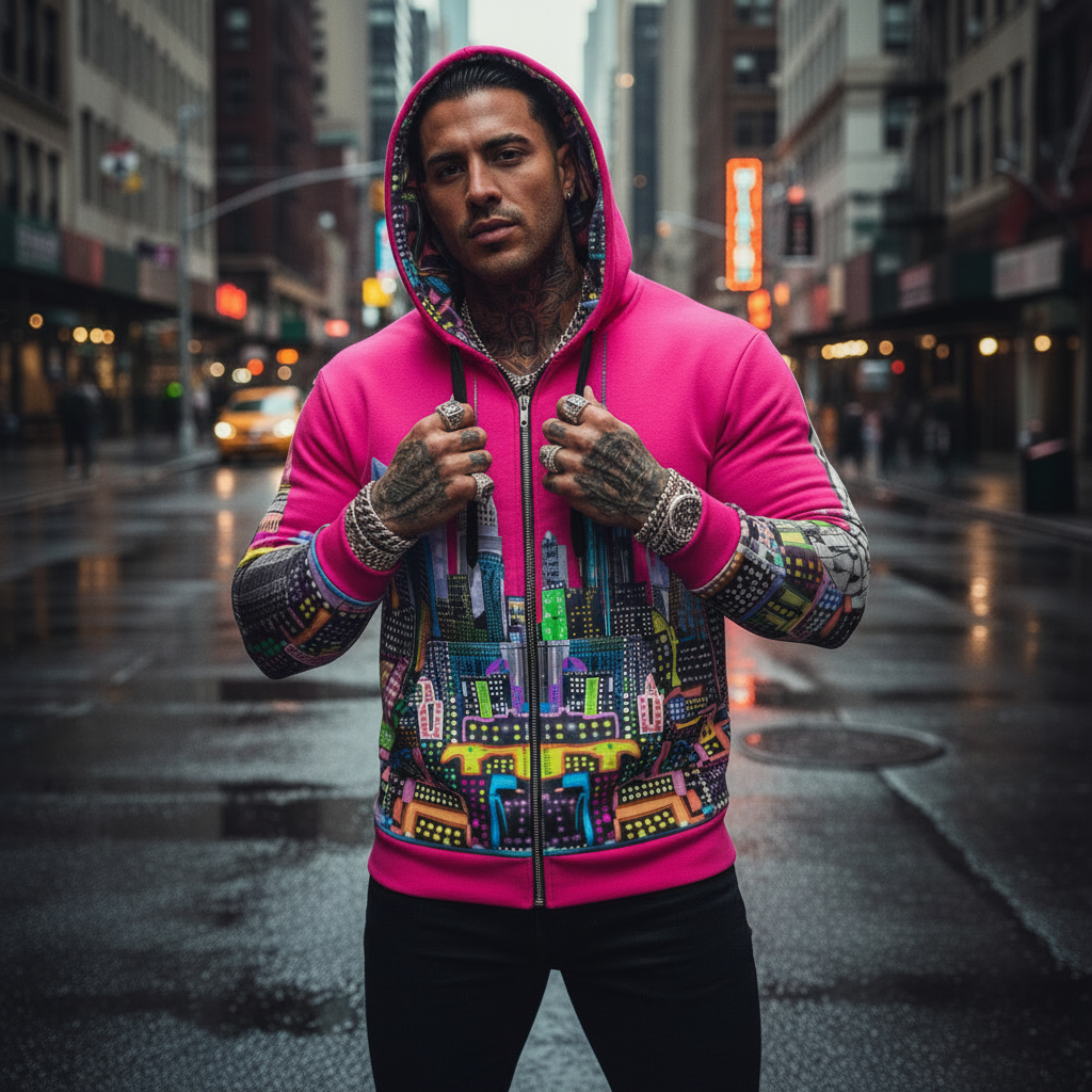 Person wearing a colorful Loria NYC Art hoodie with a cityscape design on a city street.