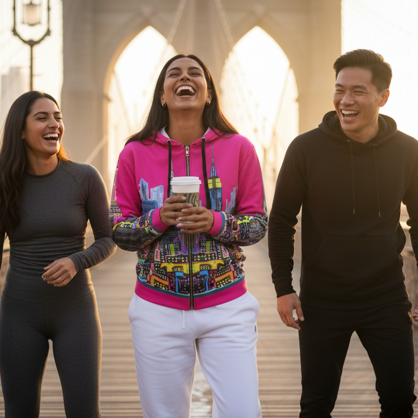 Lady wearing Loria NYC Art hoodie with people walking and laughing on a bridge during sunset.