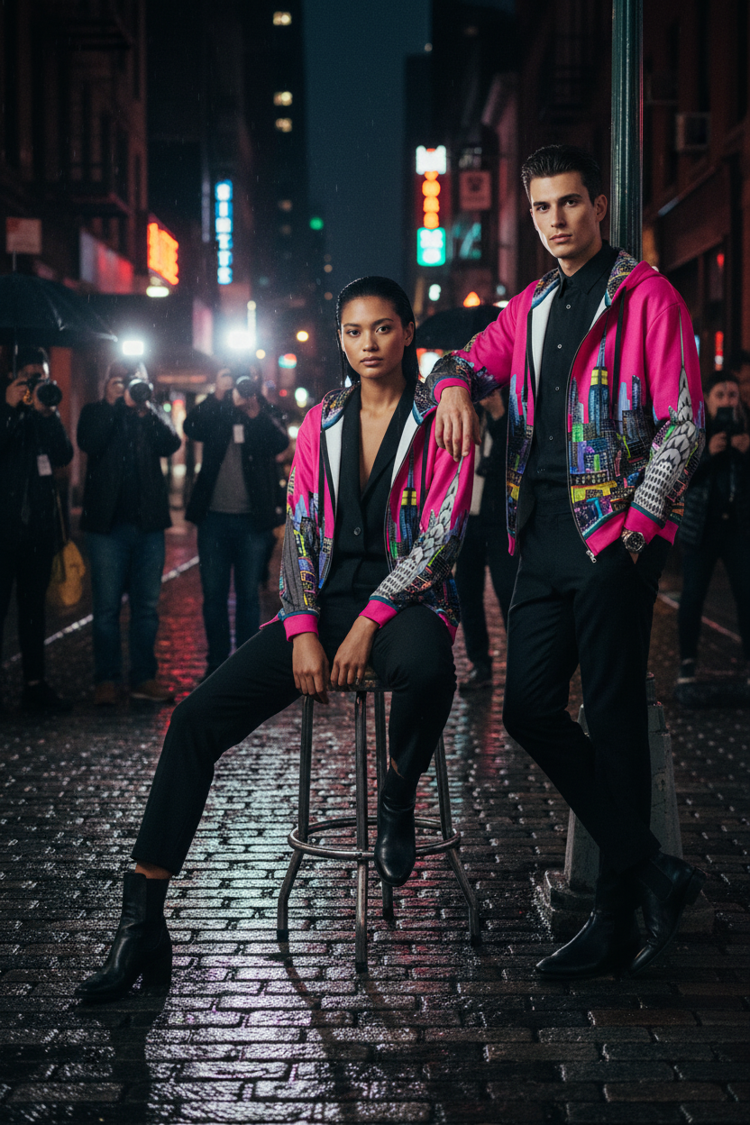Two people wearing colorful Loria NYC Art jackets in a studio setting