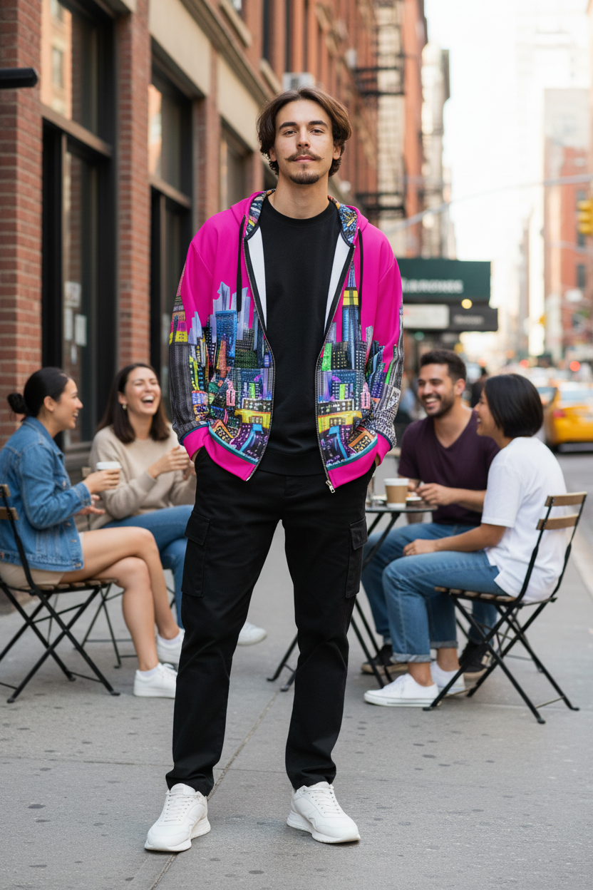 Person wearing a colorful Loria NYC Art hoodie with a cityscape design on a urban  background