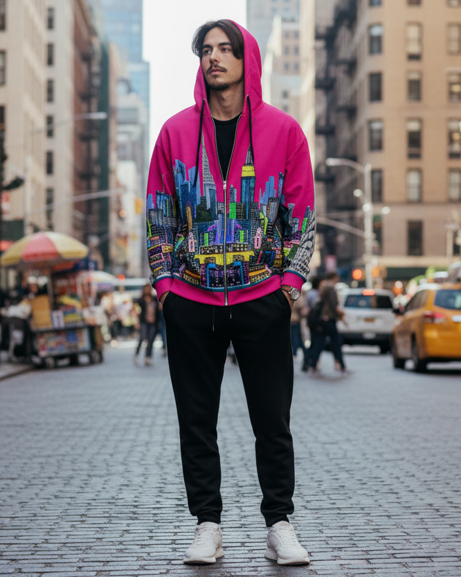 Person wearing a colorful Loria NYC Art hoodie on a city street with buildings and taxis in the background