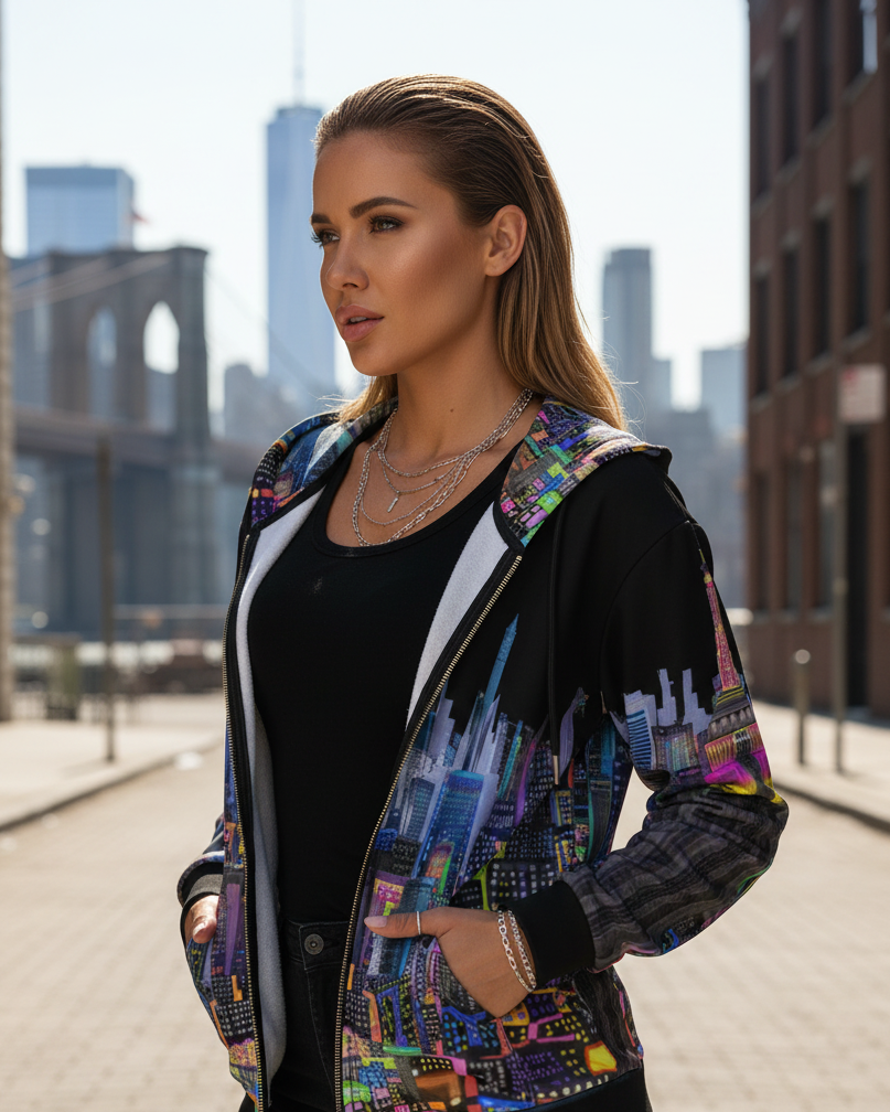 Woman wearing a colorful jacket with a cityscape Loria NYC Art design in an urban setting.