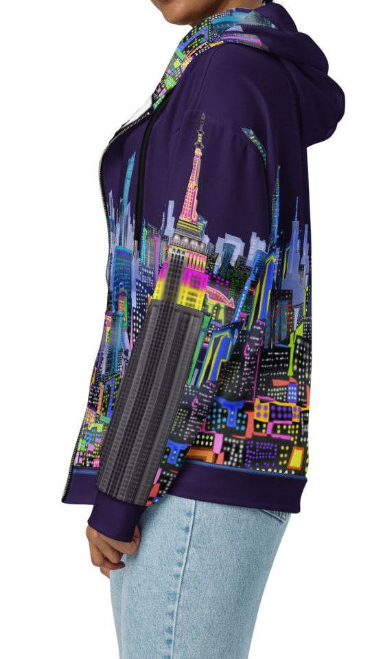 Side view of Person wearing a colorful hoodie with a cityscape Loria NYC Art design on a white background