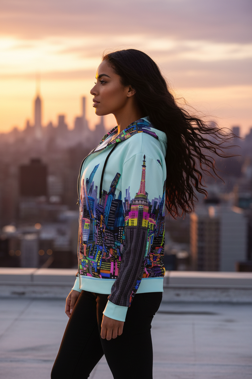 Woman wearing a colorful Loria NYC Art hoodie with a cityscape design, standing on a rooftop with a city skyline in the background.