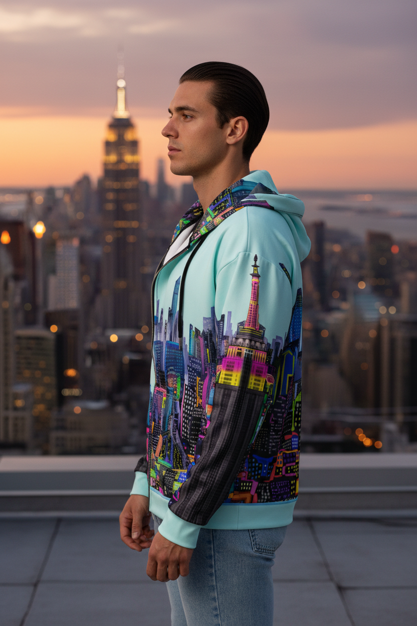 Person wearing a colorful hoodie with cityscape Loria NYC Art design against a city skyline at dusk.
