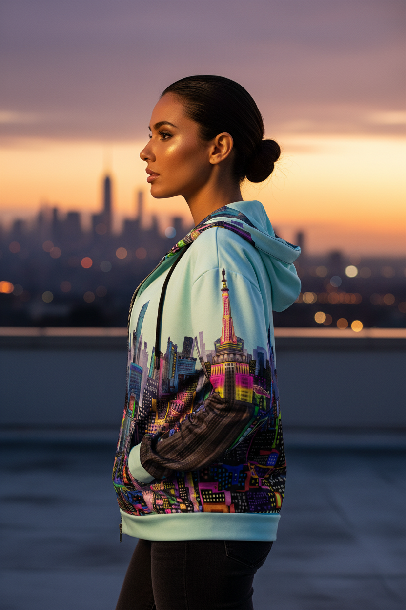 Woman wearing a colorful hoodie with a cityscape Loria NYC Art design, standing on a rooftop at sunset.