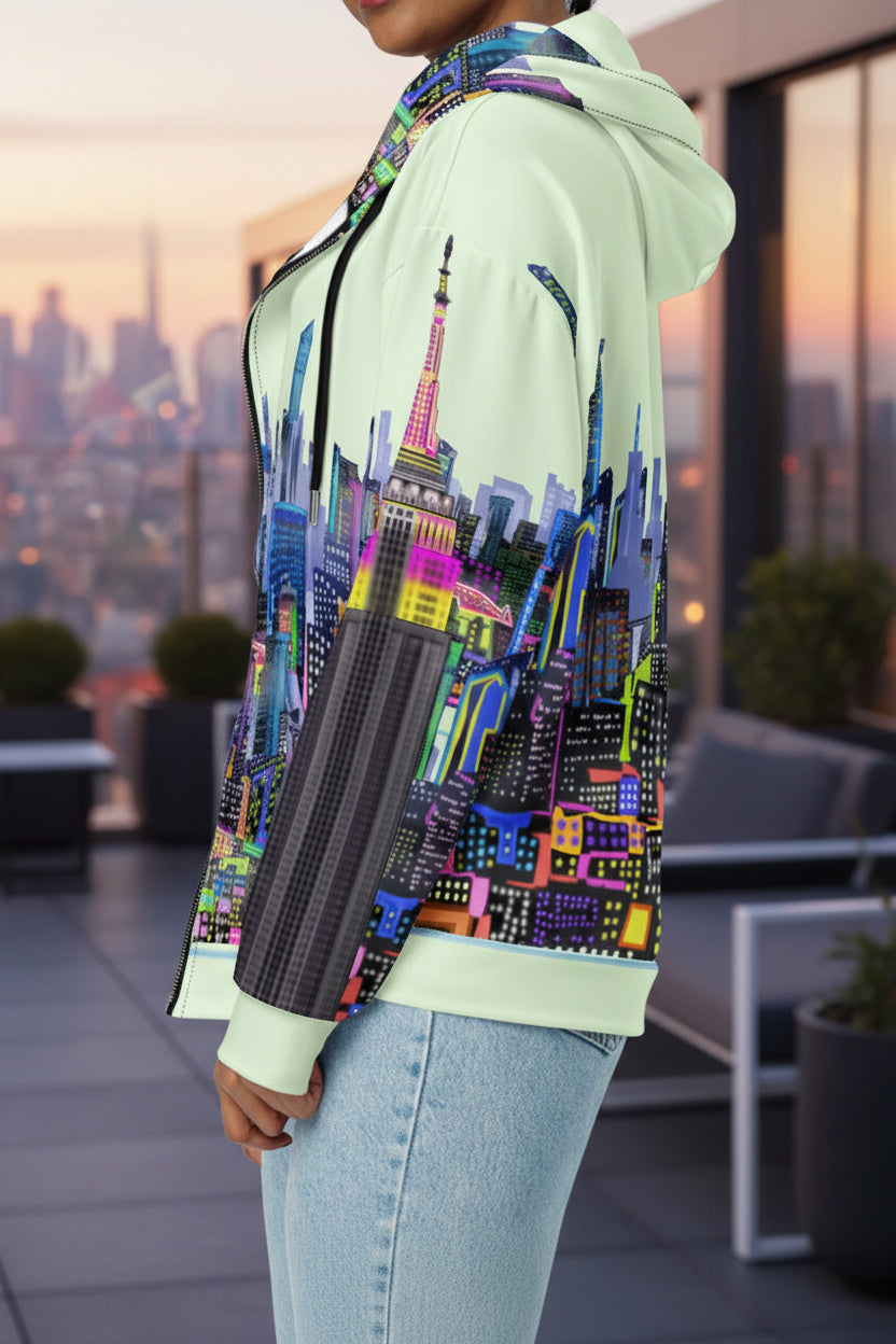 Person wearing a colorful Loria NYC Art hoodie with a cityscape design on a urban background