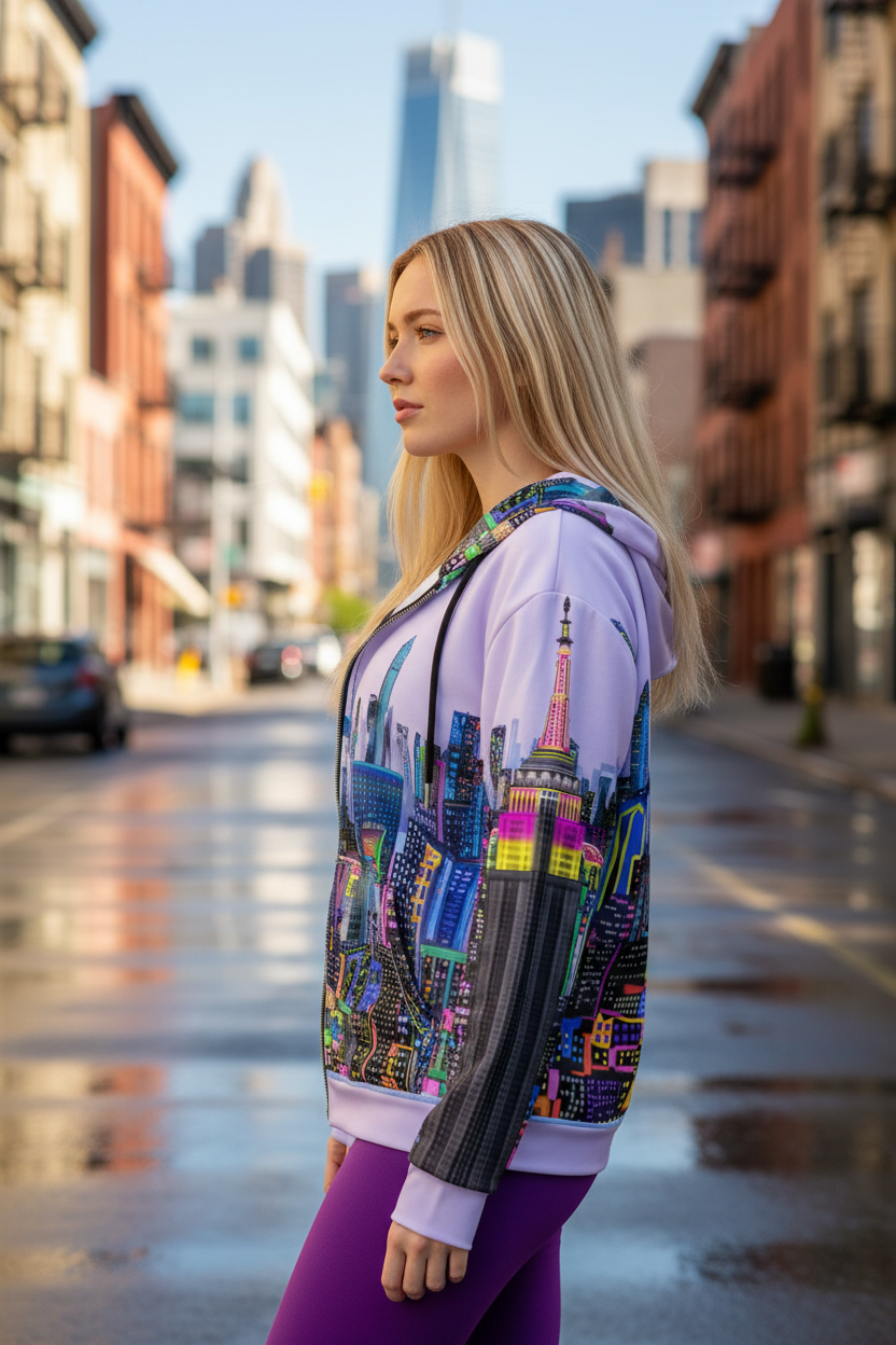 Woman wearing a colorful Loria NYC Art cityscape hoodie on a city street.
