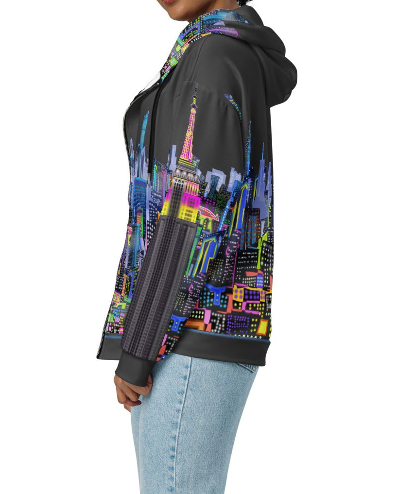 Hoodie with colorful cityscape Loria NYC Art design on a white background
