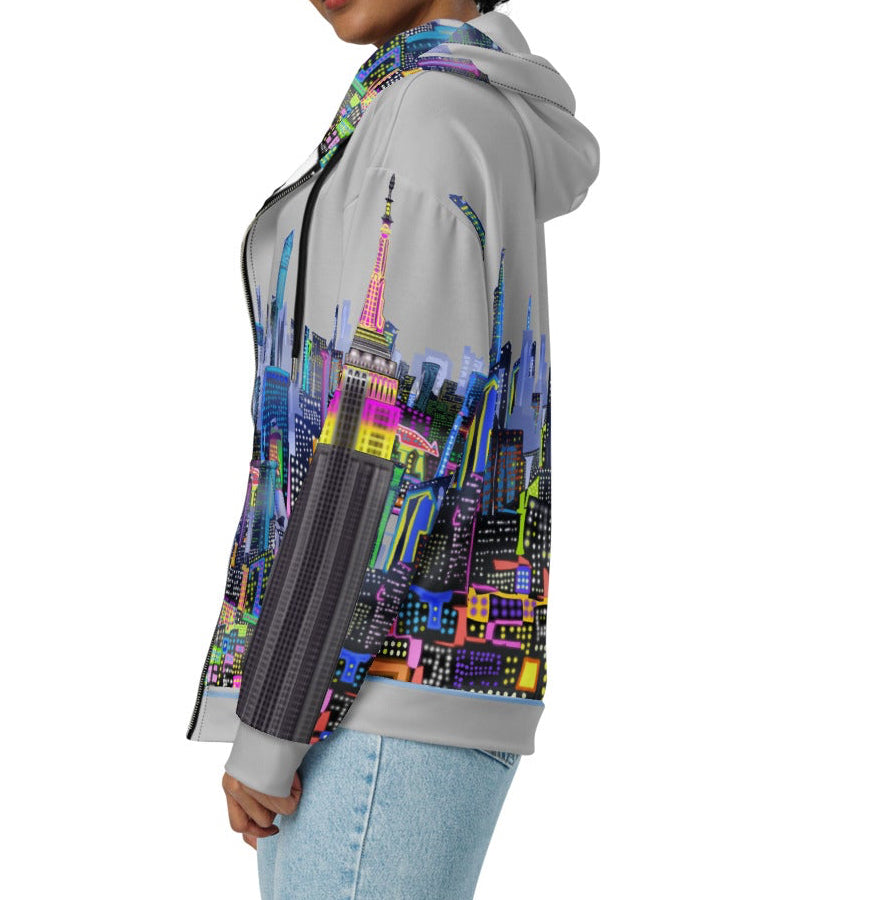Hoodie with colorful cityscape Loria NYC Art design on a white background