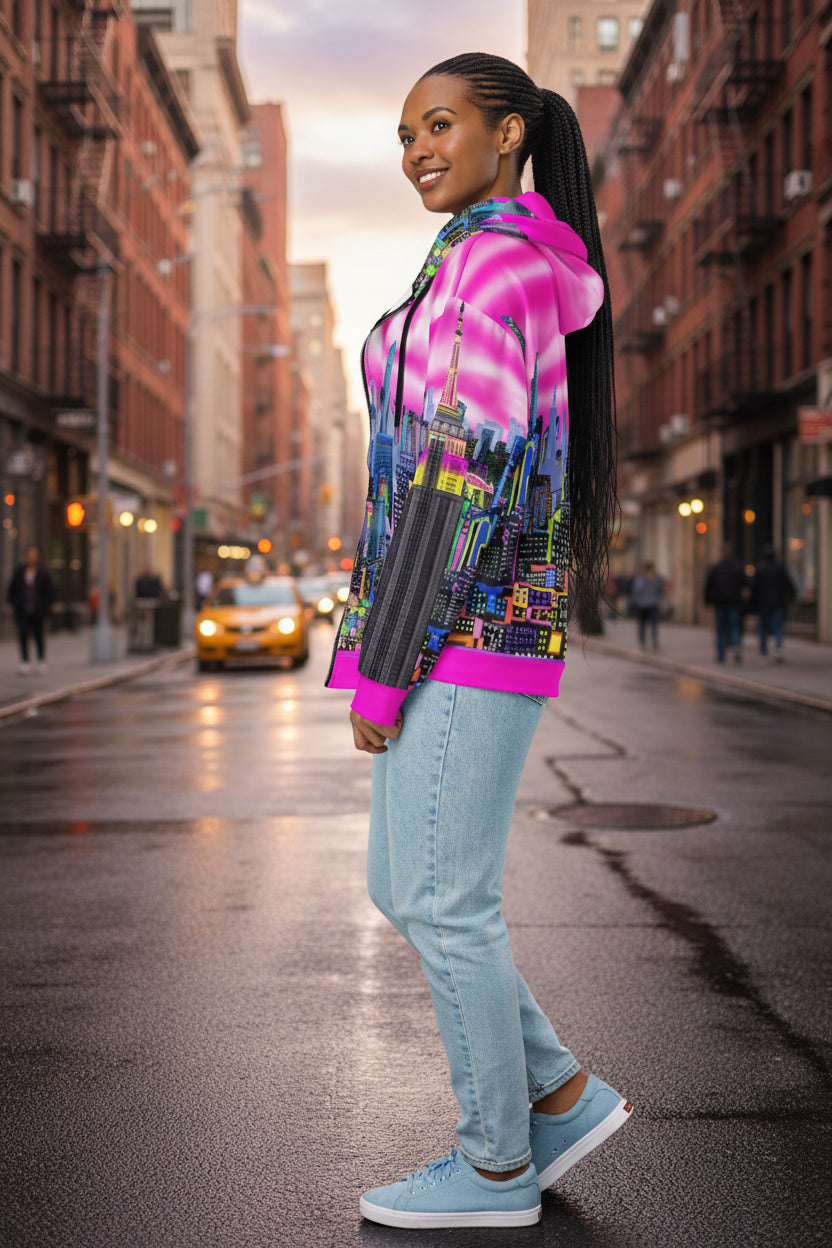 Woman wearing a colorful  Loria NYC Art jacket and jeans on a city street