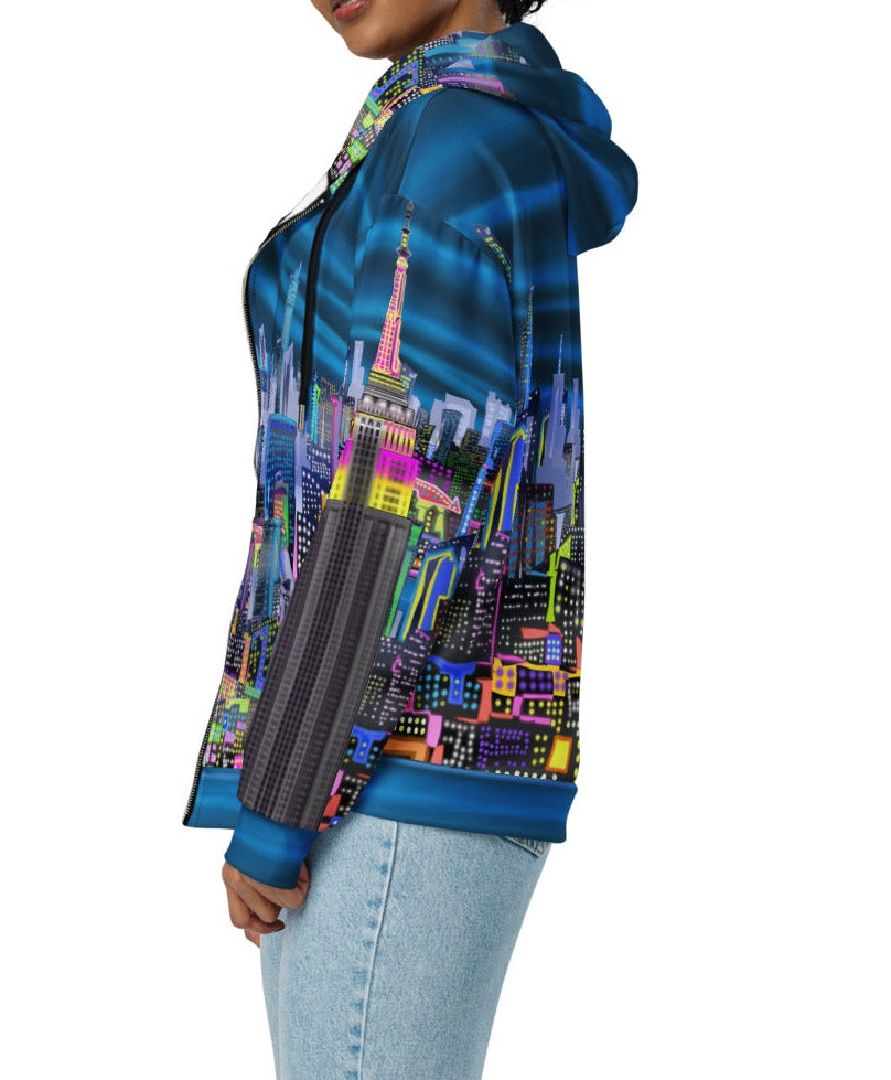 Full side view of girl Blue Hoodie with cityscape design by Loria NYC Art on a white background