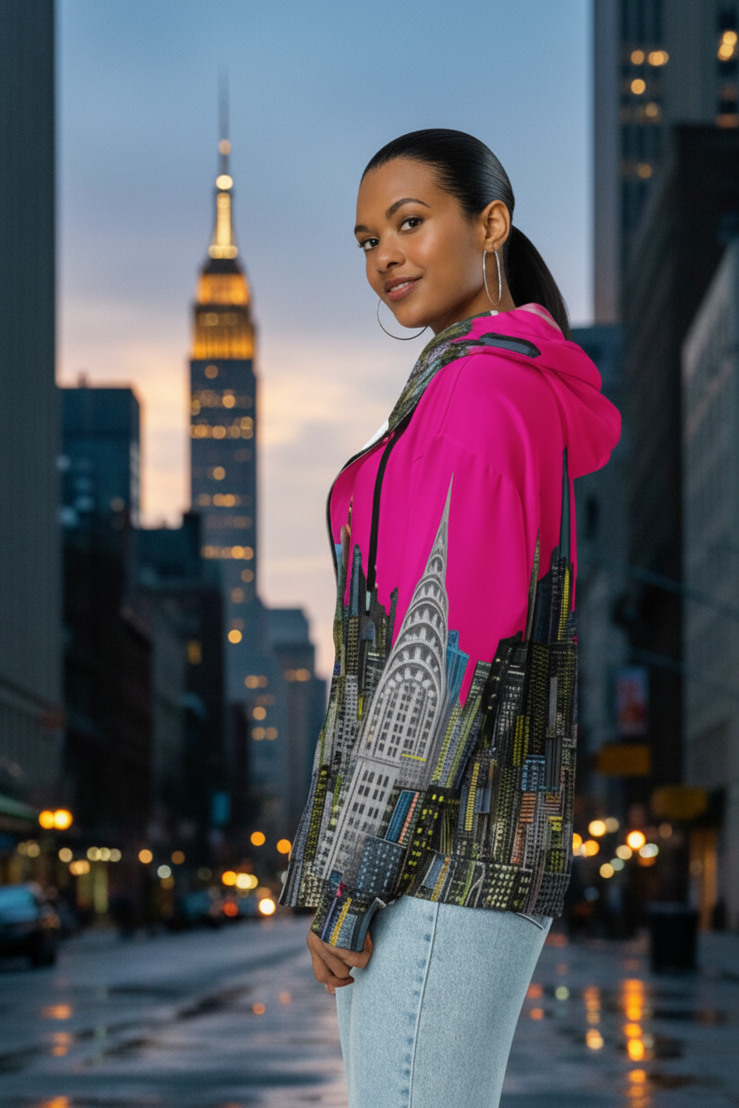 Woman wearing a colorful patterned jacket, bright NYC Loria Art hoodie, light blue jeans, and white sneakers on a white background
