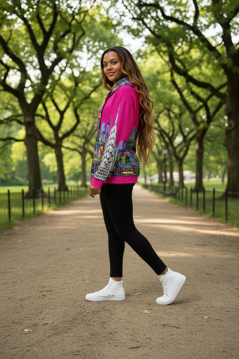 Woman walking on a path in a park wearing a colorful Loria NYC Art jacket and black pants.