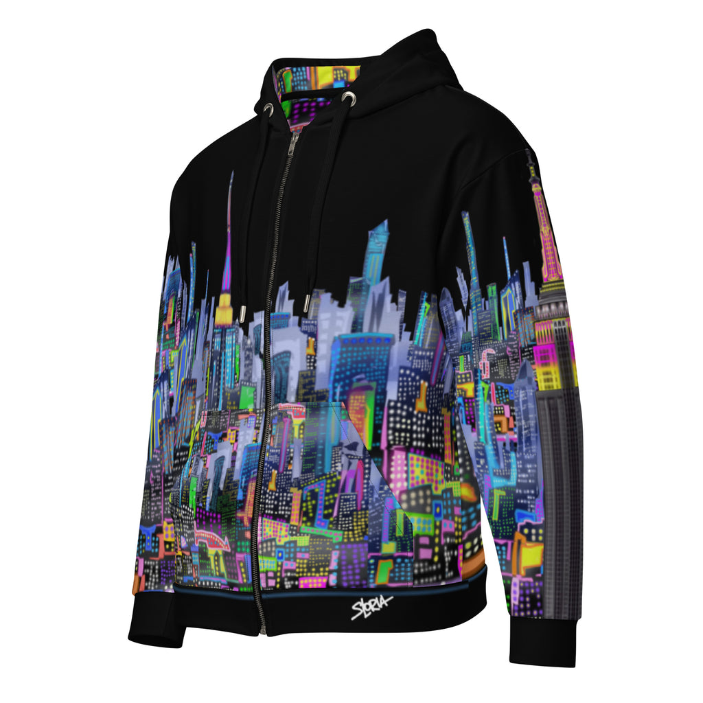 Side view of Black hoodie with colorful cityscape design by Loria NYC Art on a white background