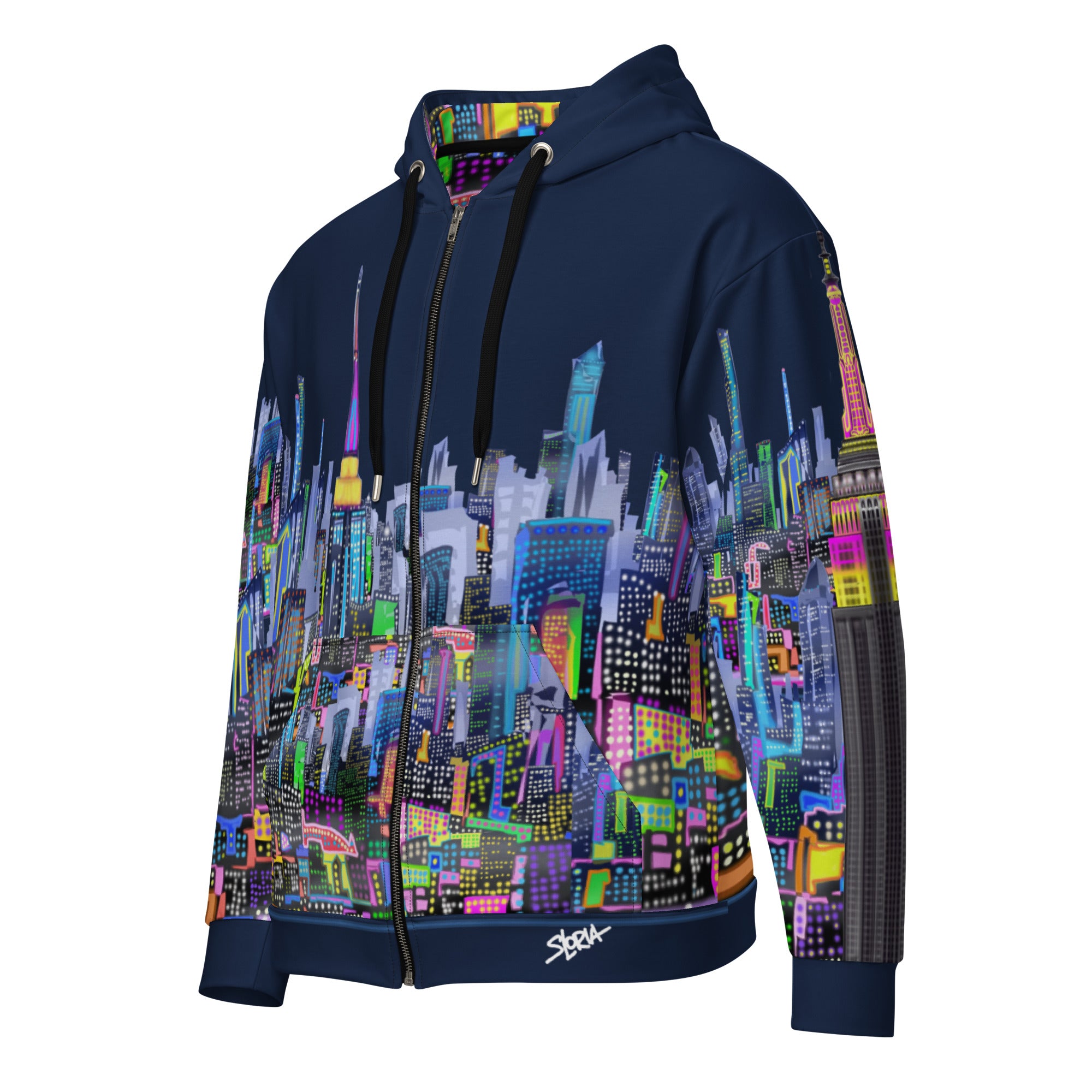 Side of Hoodie with colorful cityscape design by Loria NYC Art on a white background