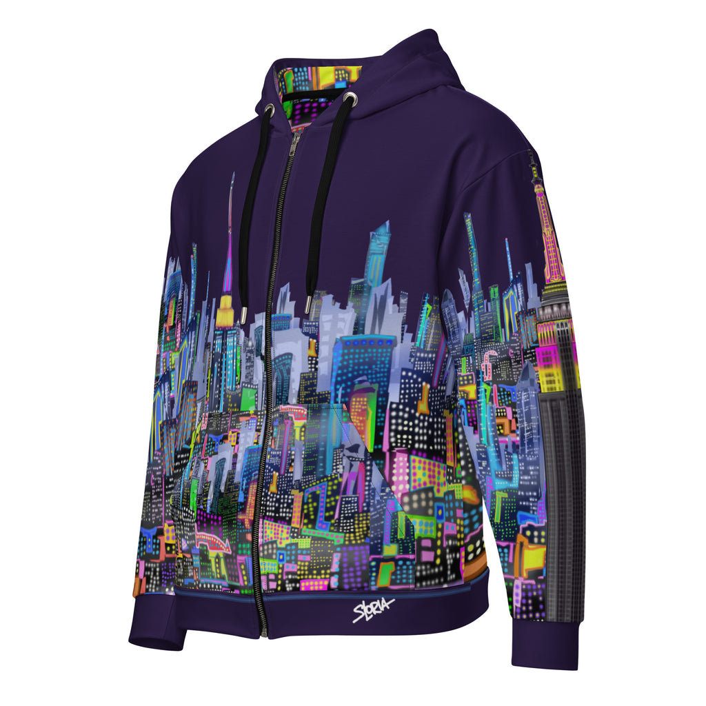 Colorful Loria NYC Art cityscape hoodie with a brand logo on a white background
