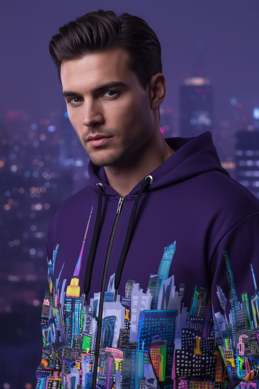 Man wearing a purple hoodie with a cityscape Loria NYC Art design against a blurred city skyline at night.