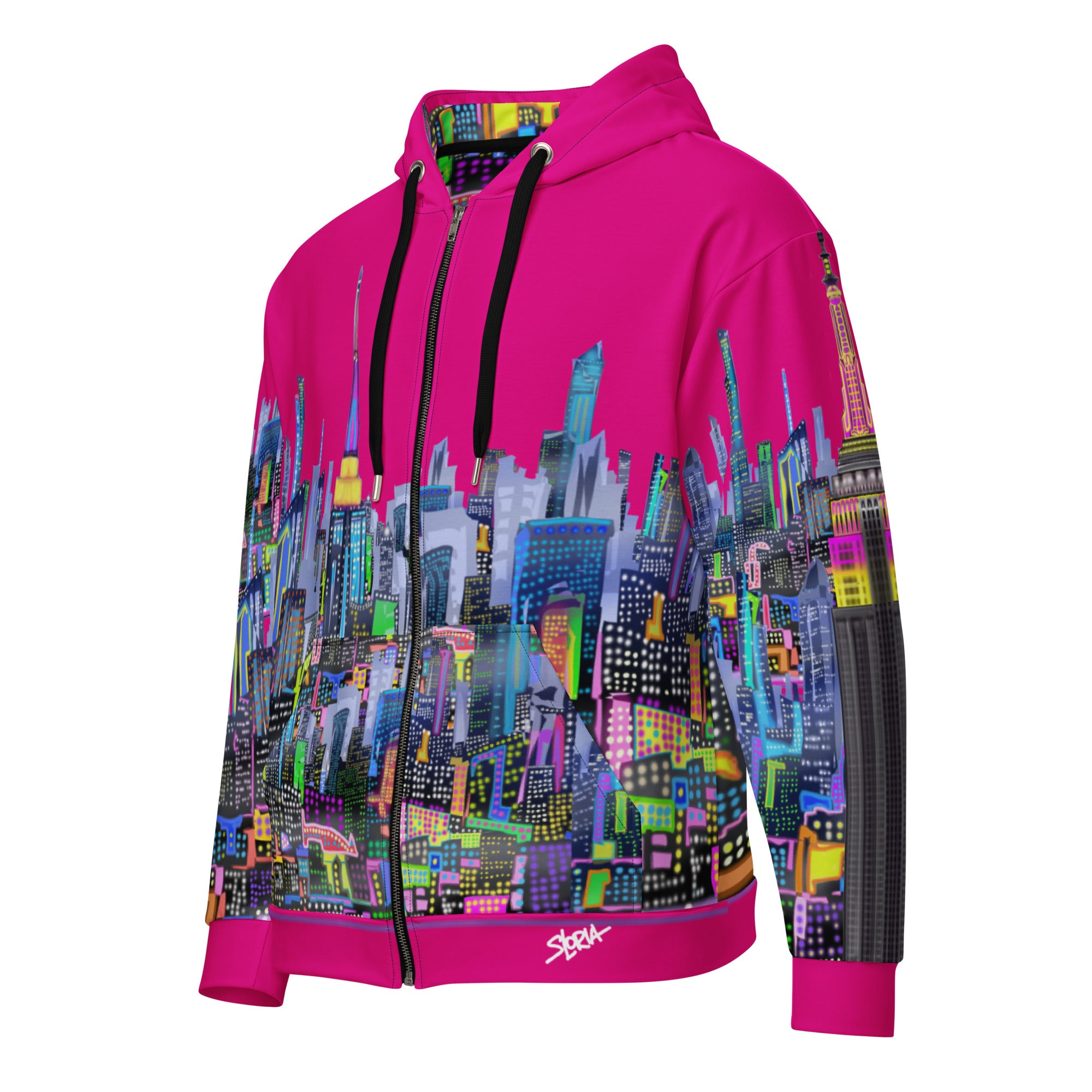 Front side of Pink fuchsia hoodie with colorful cityscape Loria NYC Art design on a white background