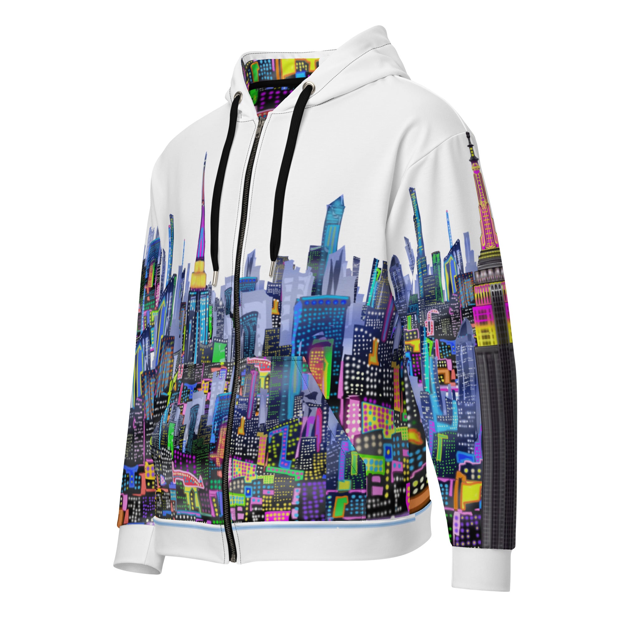 Font angle view of White hoodie with a colorful cityscape Loria NYC Art design on a white background