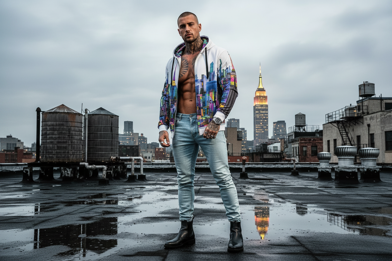 Man standing on a rooftop with a city skyline in the background wearing a hoodie designed by Loria NYC Art