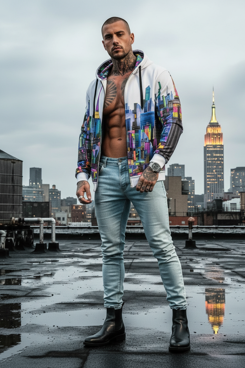 Man wearing a colorful hoodie with a cityscape Loria NYC Art design, standing on a rooftop with a city skyline in the background.