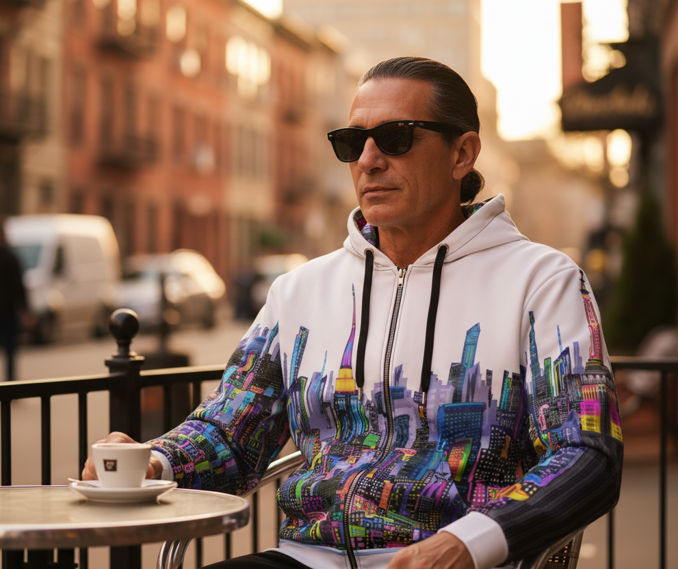 Man wearing a colorful hoodie with cityscape Loria NYC Art design, sitting at an outdoor cafe table.
