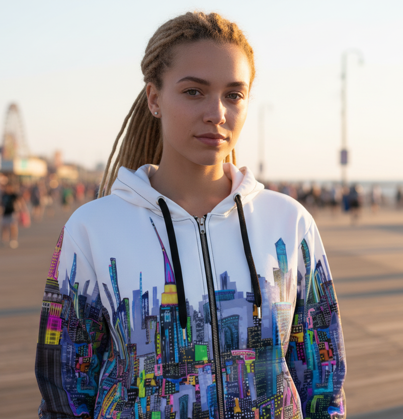 Person wearing a colorful Loria NYC Art hoodie with a cityscape design on a boardwalk.