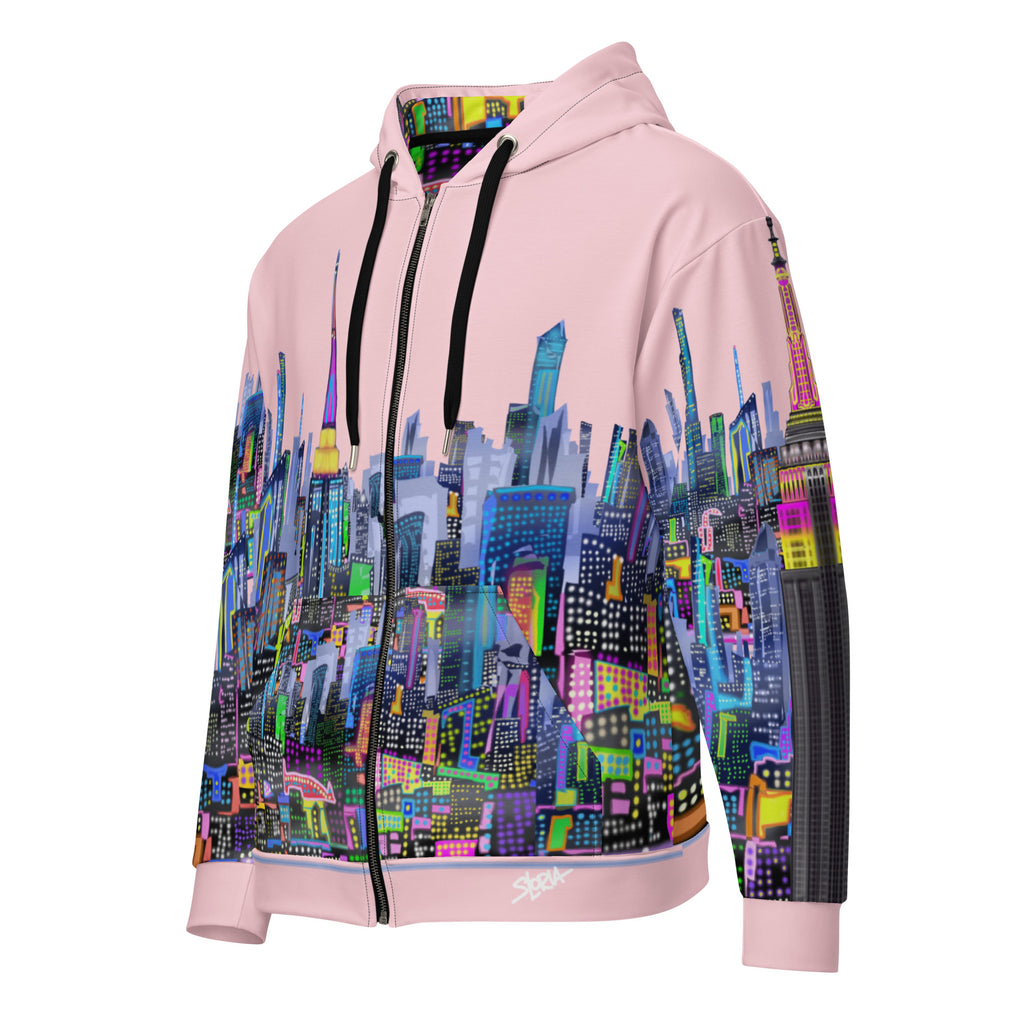 Pink Loria NYC Art hoodie with a colorful cityscape design on a white background
