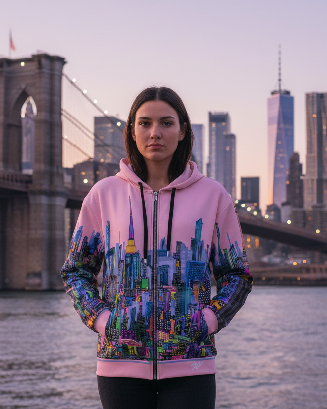 Person wearing a colorful Loria NYC Art hoodie with a cityscape design, standing in front of the Brooklyn Bridge and Manhattan skyline.