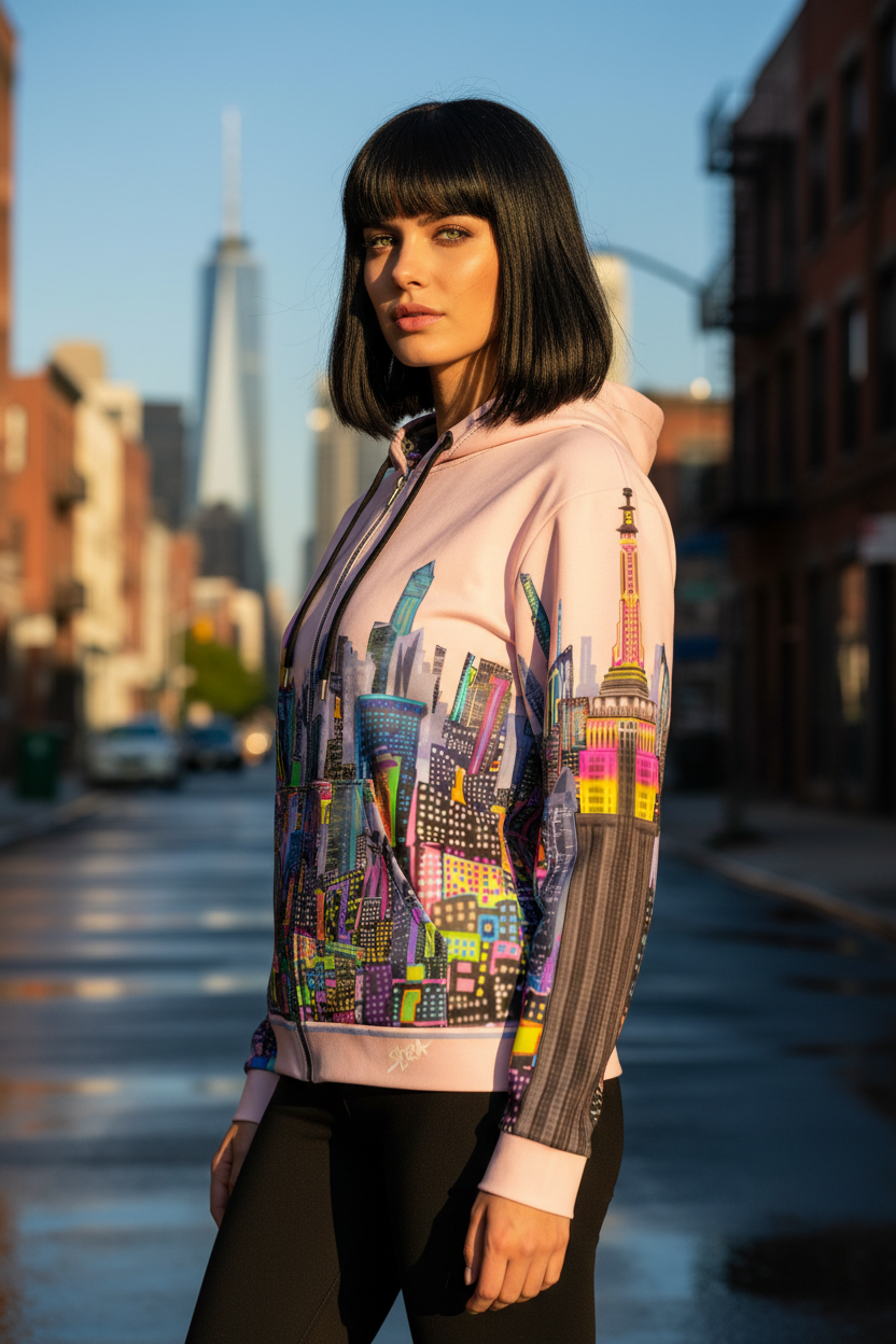 Woman wearing a colorful hoodie with cityscape Loria NYC Art design on a city street.