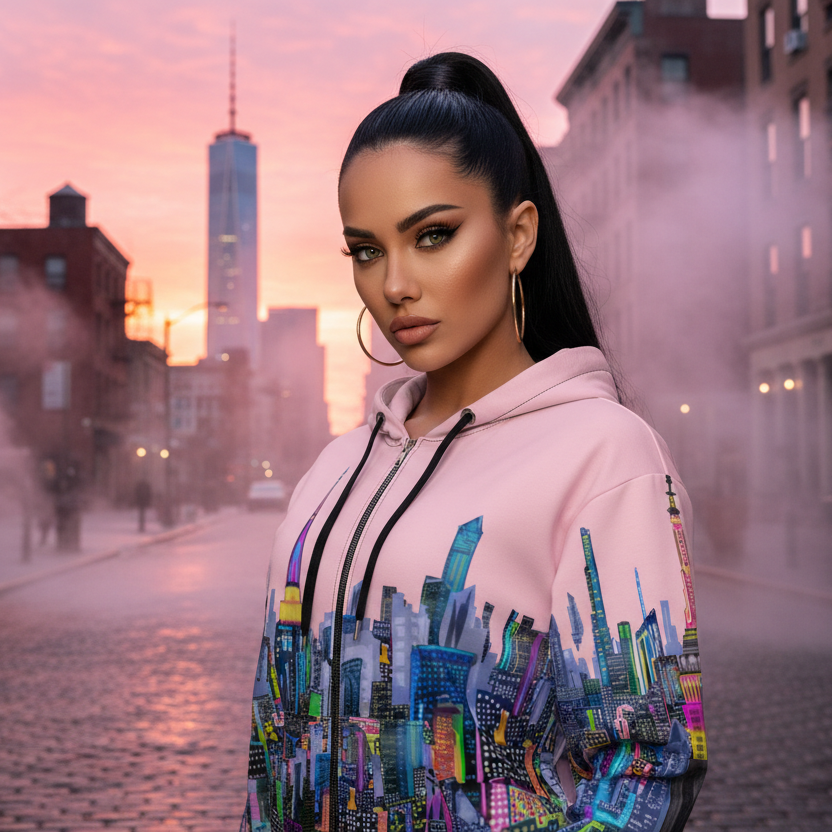 Woman wearing a colorful Loria NYC Art hoodie with a cityscape design in an urban setting during sunset