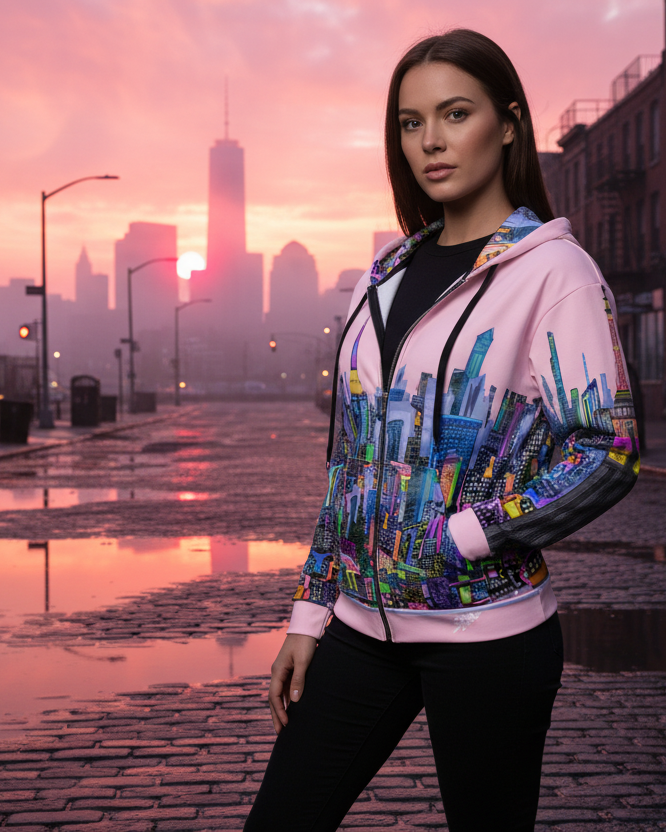 Woman in a Loria NYC Art colorful jacket standing on a city street with a pink and purple sky.
