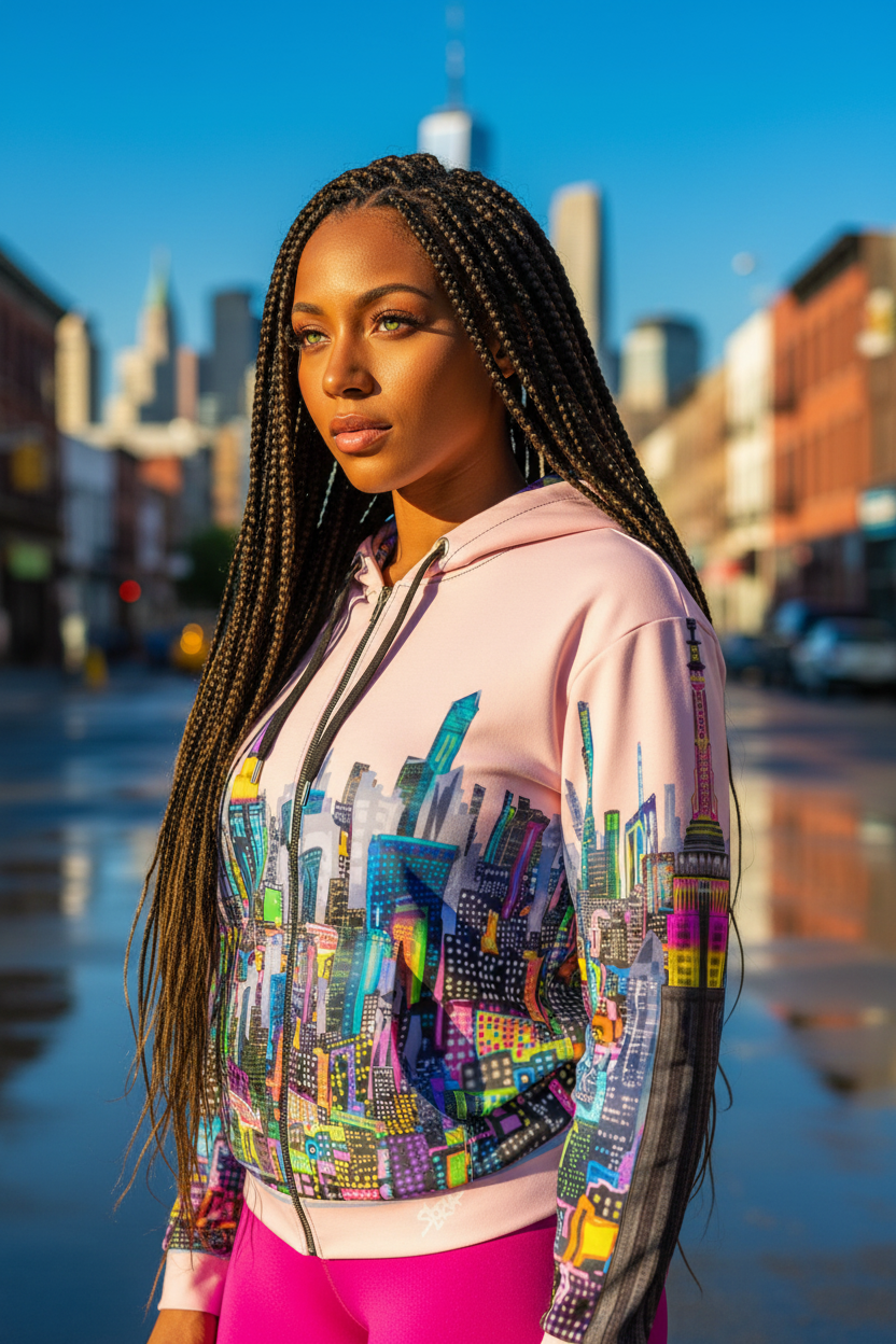 Woman wearing a colorful hoodie with a cityscape Loria NYC Art design, standing on a street with blurred buildings in the background.